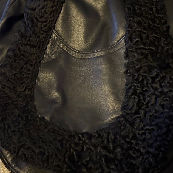 Black lamb fur trim lambskin leather coat L - Picture 5 of 12